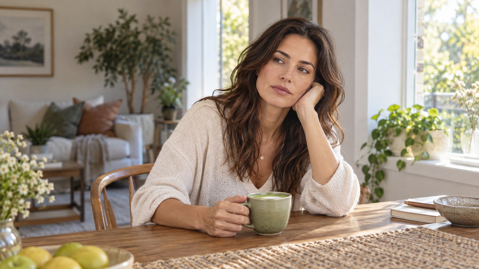 Woman in her 40s experiencing an afternoon energy slump at home.