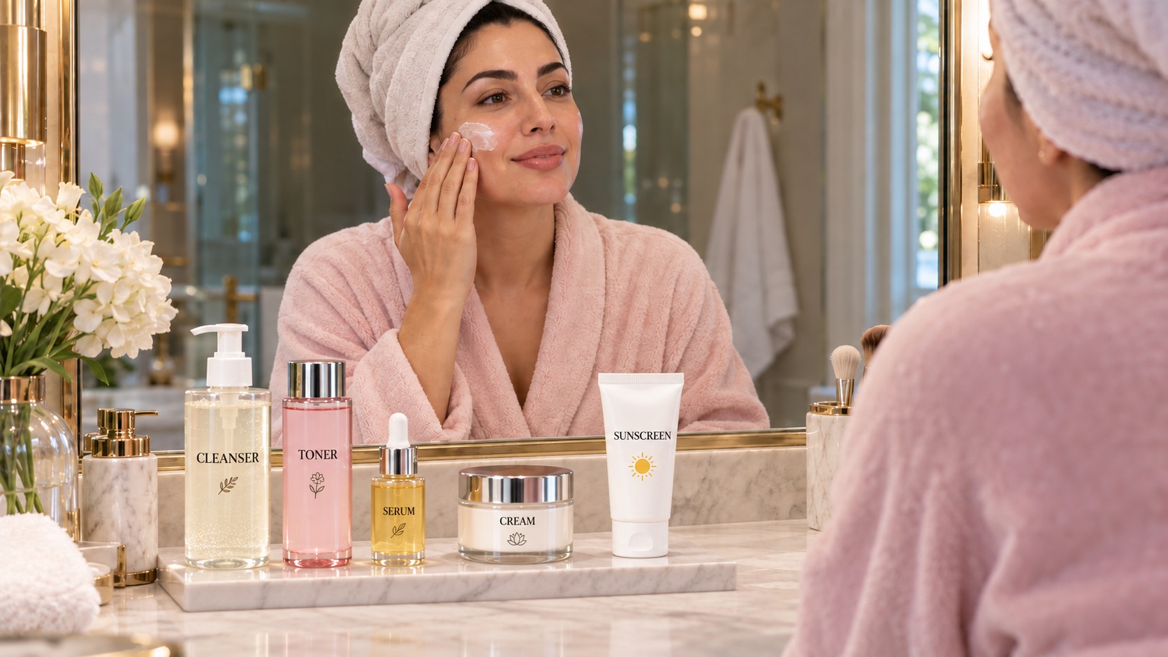 Woman following her morning skincare routine with skincare products arranged at a bathroom vanity.