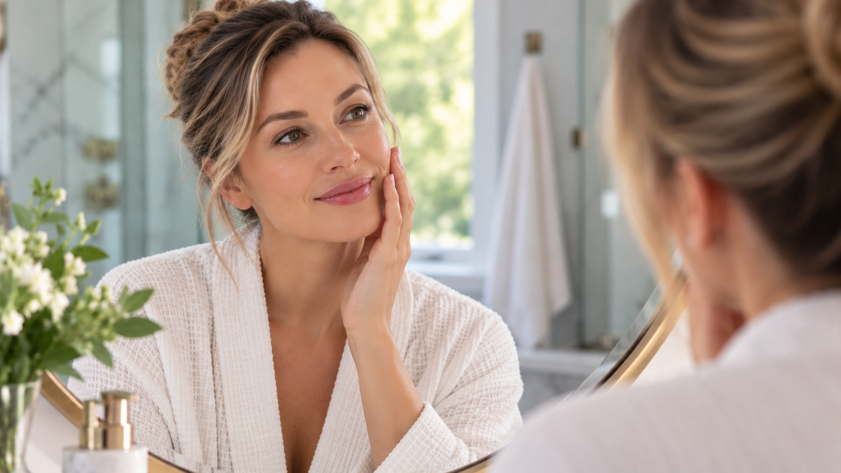 Woman in a white robe touching her cheek while looking in a bathroom mirror.