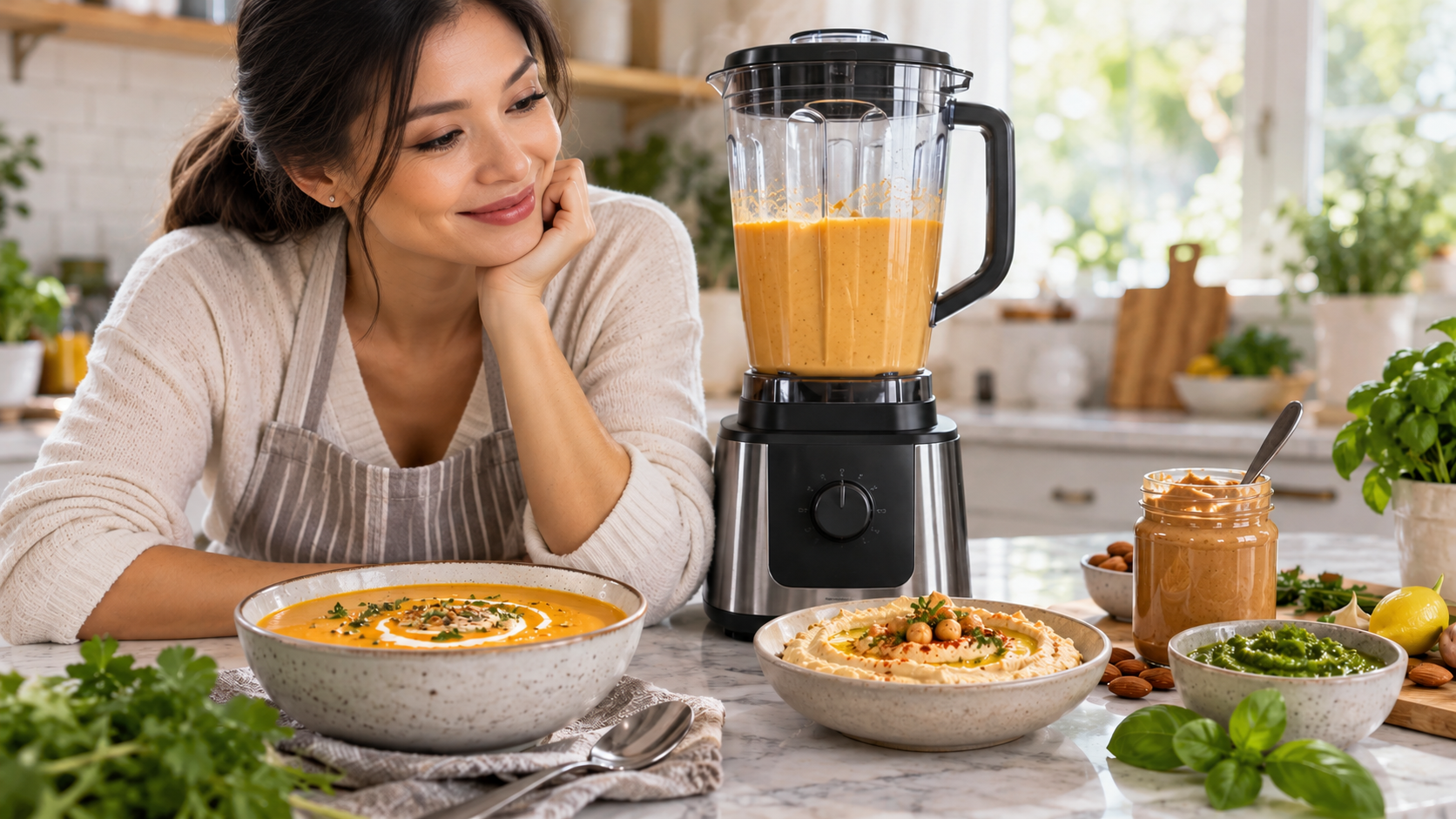 Woman using a high-powered blender to prepare healthy homemade foods including soup, hummus, nut butter and pesto.