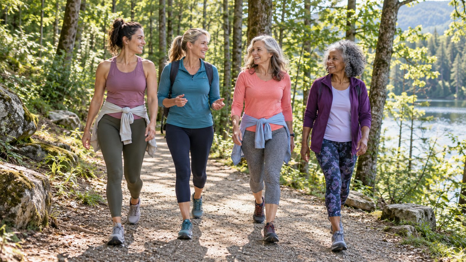 Women in their 30s, 40s, 50s and 60s staying active together on a wooded hiking trail.