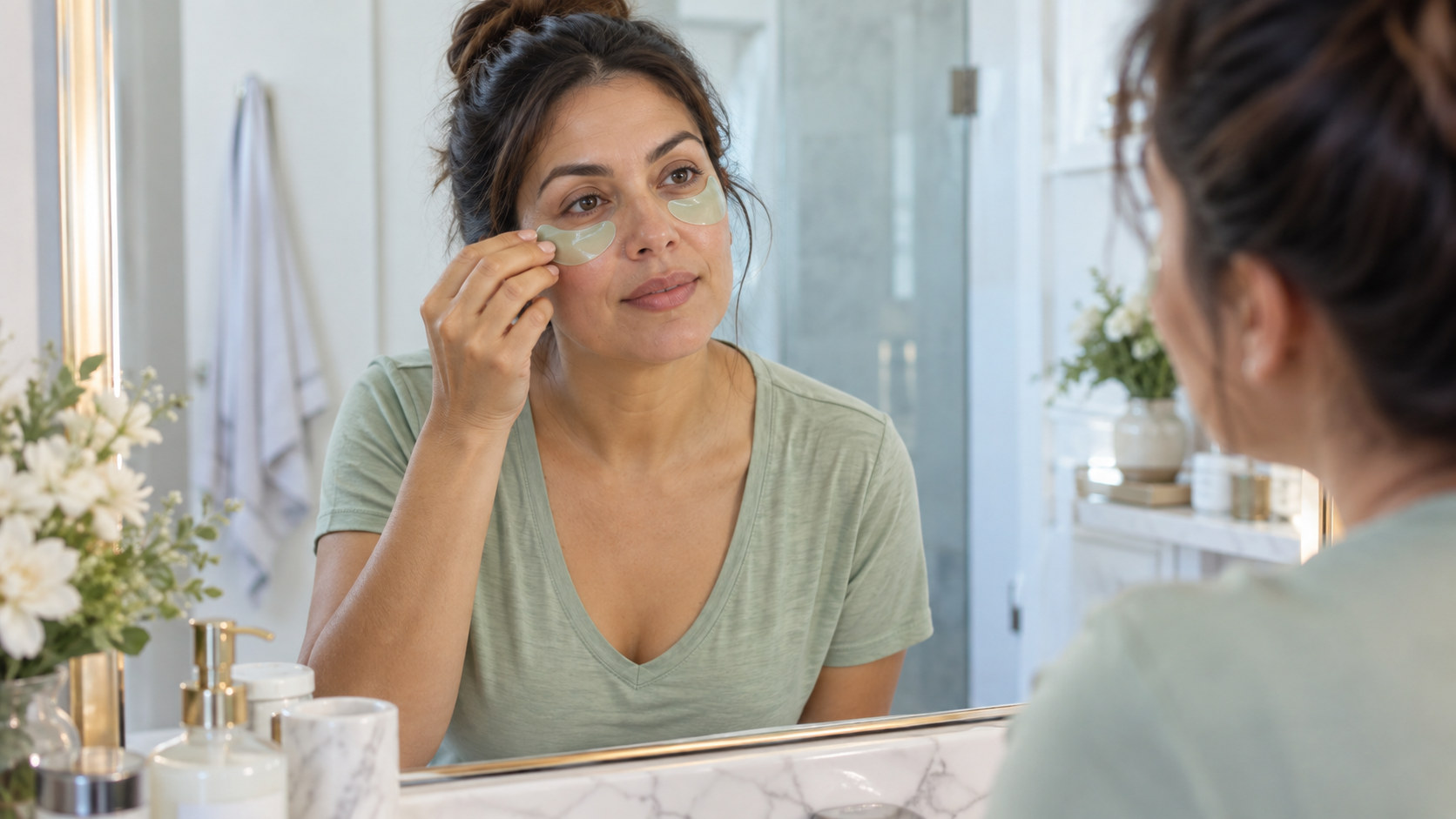 Woman applying cooling eye patches while looking in her bathroom mirror.