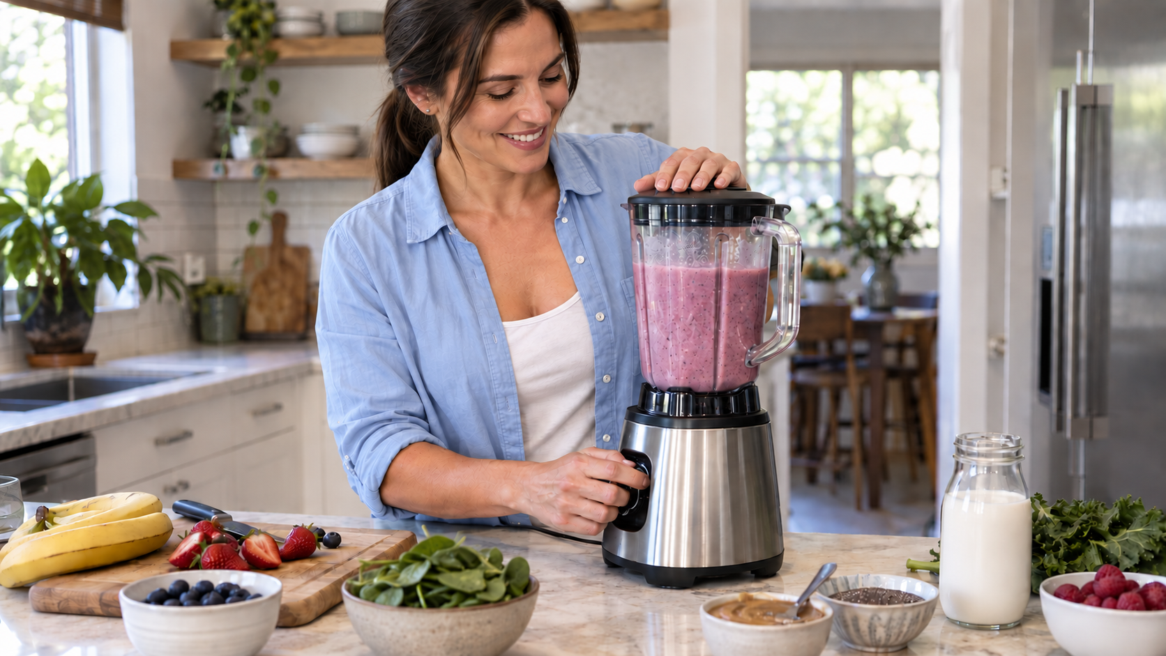 Woman making a healthy smoothie with berries, greens and nutritious ingredients in a bright kitchen.