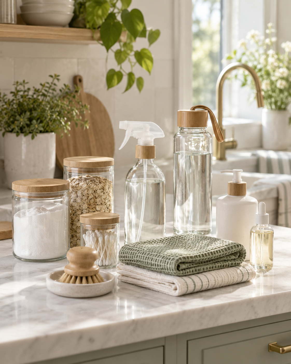 Glass jars, refillable spray and soap bottles, cotton swabs, and natural fiber cloths arranged on a bright marble kitchen counter with green plants