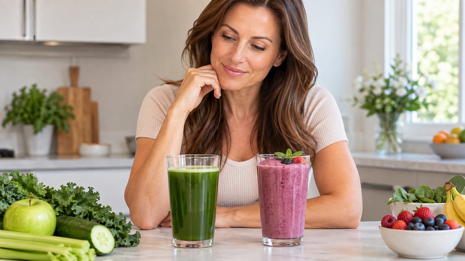Woman comparing a glass of fresh juice with a smoothie.