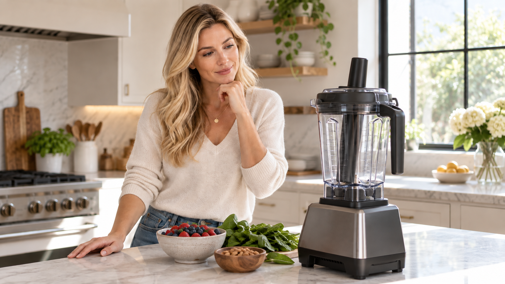 Woman considering a premium high-powered blender in a bright home kitchen.