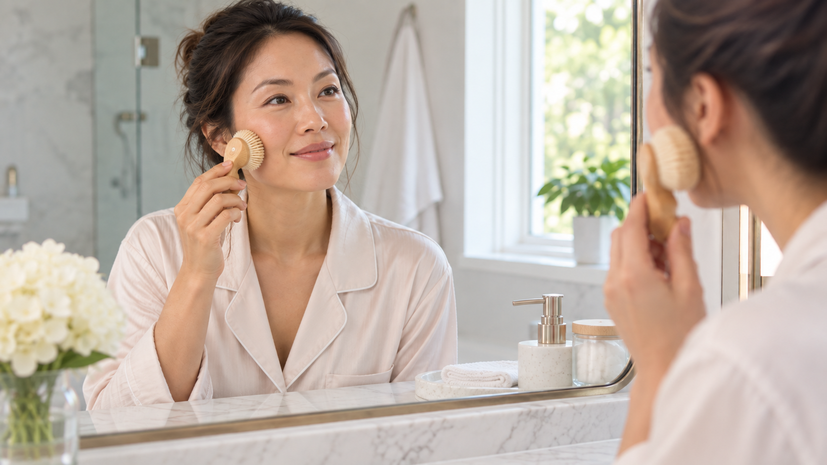 Woman using a facial dry brush as part of her skincare and exfoliation routine.