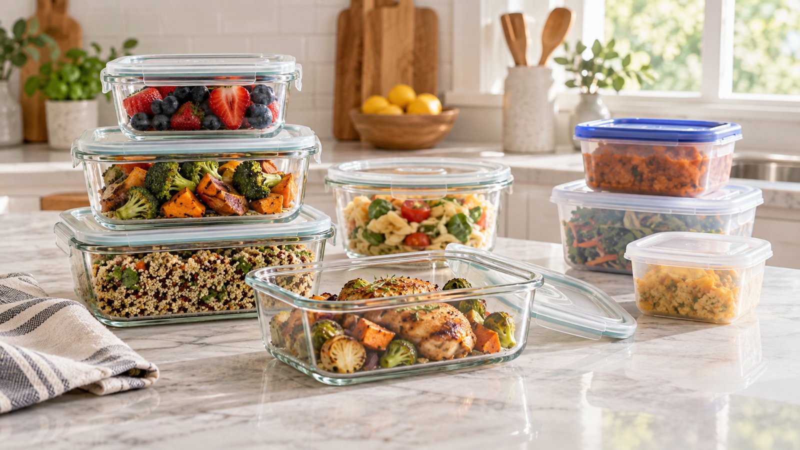 Glass and plastic food storage containers on a bright kitchen counter.