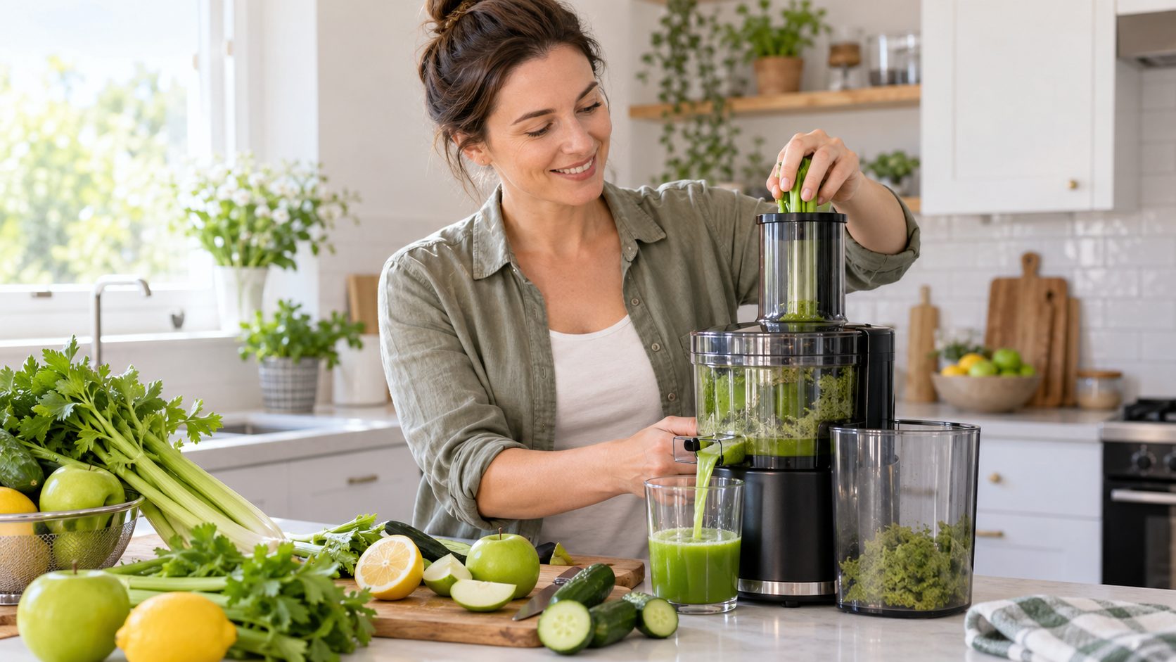Woman making fresh green juice with fruits and vegetables in her kitchen.